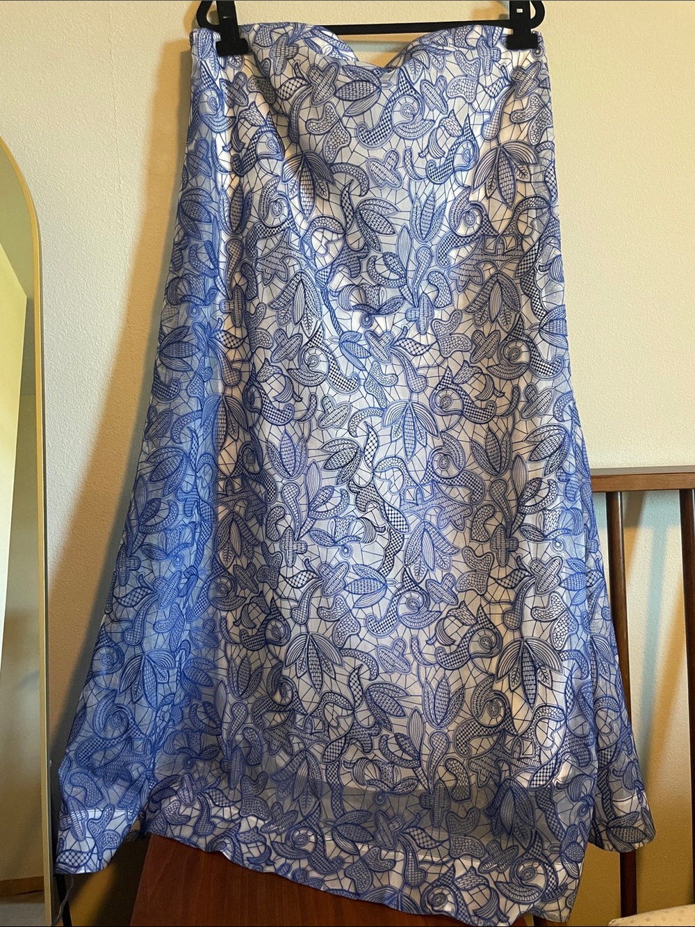 Anthropologie Blue and White Strapless Floral Lace Dress